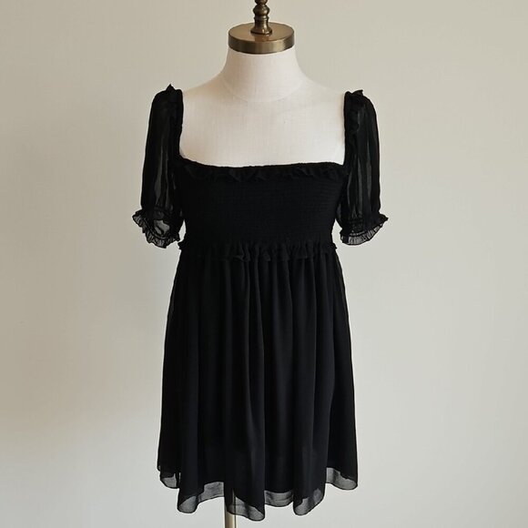 Aritzia Sunday Best Black Smocked Dress with Sheer Puff Sleeves - Picture 1 of 4